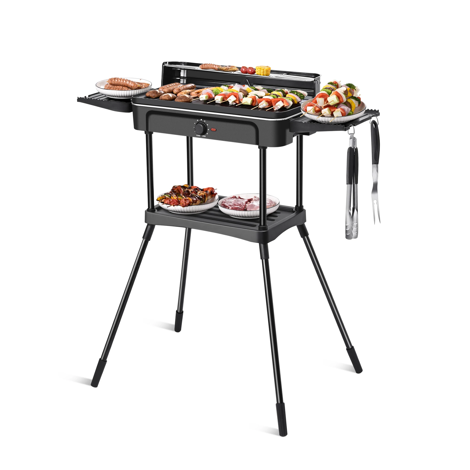 2023 NEW Stand Electric bbq Grill Griddle with die cast plate and side tables 2200W for Europe with CE windshield