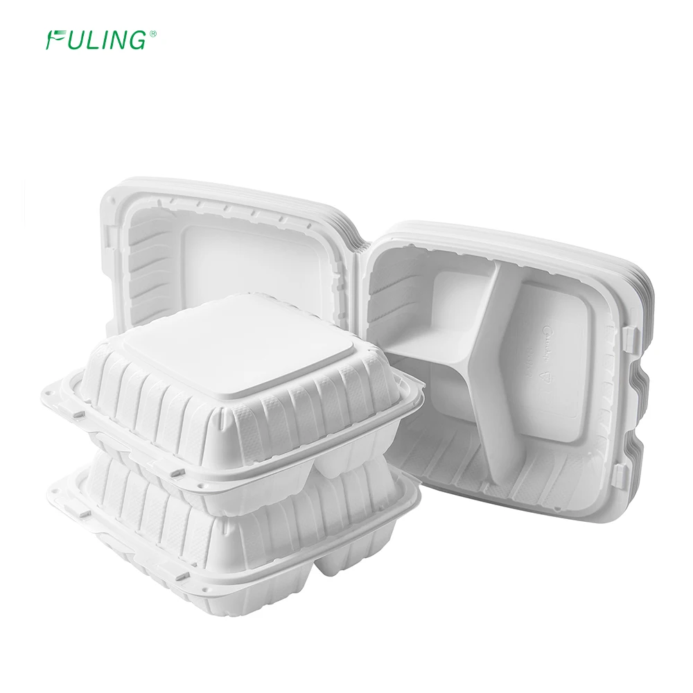 FULING 8X8' 3-Compartment White Biodegradable Clamshell To Go Containers Plastic Takeout Packaging Food Containers
