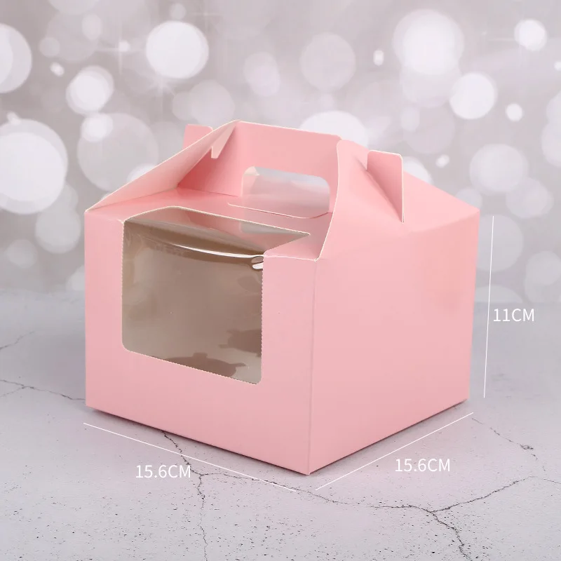 pink 4 holes cupcake packaging box with handle and window
