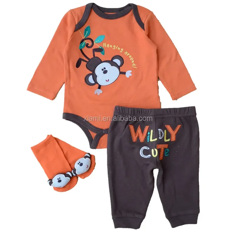 wholesale low price good quality naughty monkey pattern pure color three piece boy baby clothes