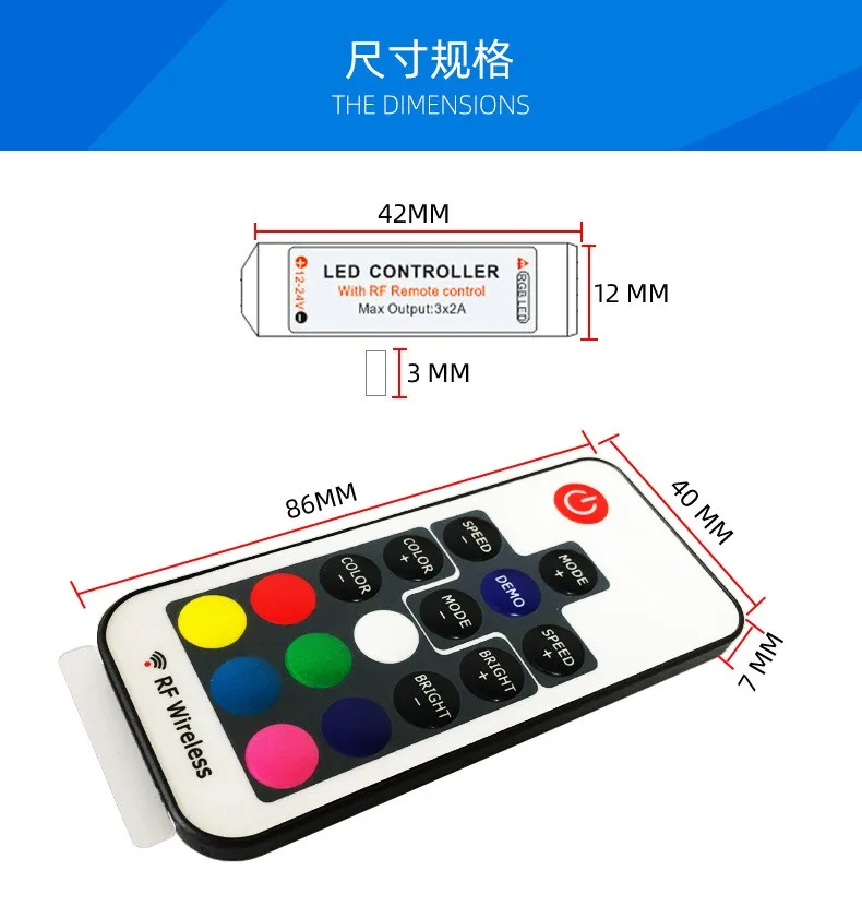 Mini RF RGB LED Controller Dimmer DC 5V-24V 12A 17 Keys Wireless Remote Control for Changing LED Strip Lights