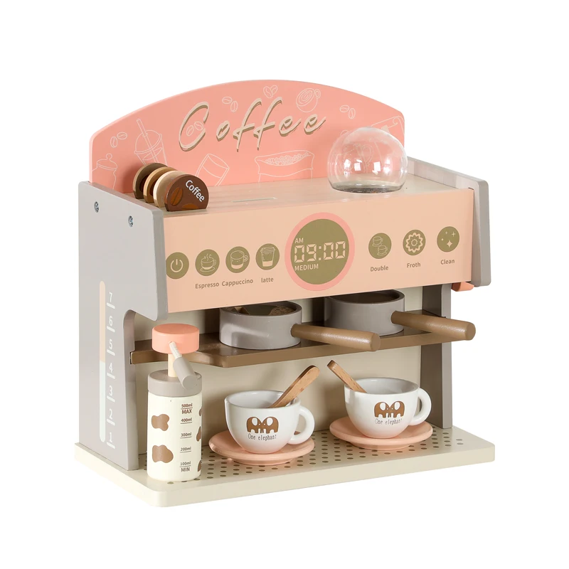 Kids Educational Wood Maker Role Play Kitchen Simulation Wooden Coffee Machine Toy