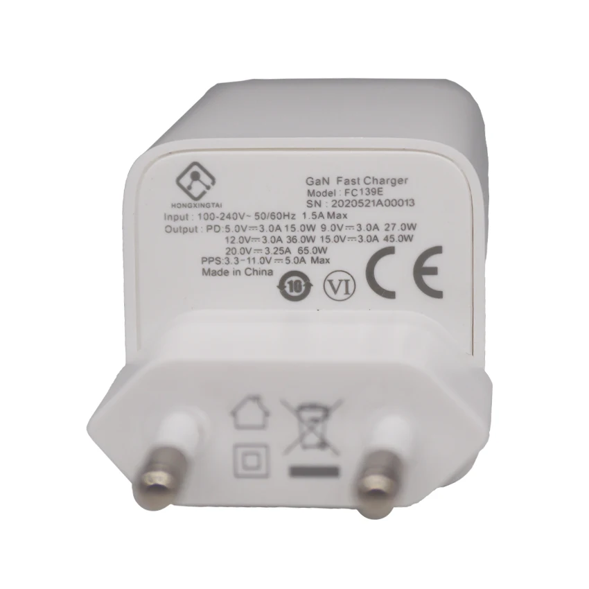 European regulations plug type c 65W 20V/3.25A super fast charge usb dual port wall charger 3.0