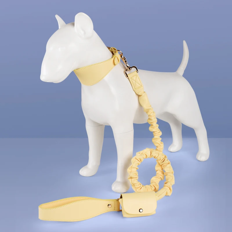 Customized Logo Personalized Luxury Soft Pu Leather Tangle Free Elastic Rope Bungee Big Pet Leads Collar Flexible Dog Leash