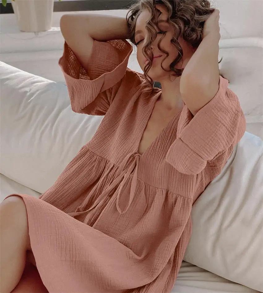 Muslin Shirt Women Blouses Cotton Women Sleepwear Short Dress Cotton Pajamas