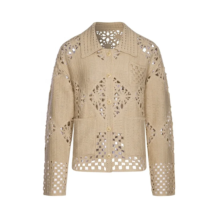 Knitwear manufacturer custom spring summer khaki polo neck long sleeve crochet knit wool sweater women