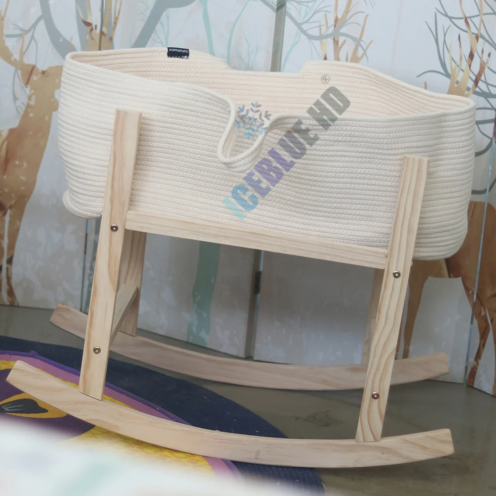 ICEBLUE HD Low MOQ Fast Delivery Customized Natural Cotton Woven Rope White Moses Basket and Wooden Stand