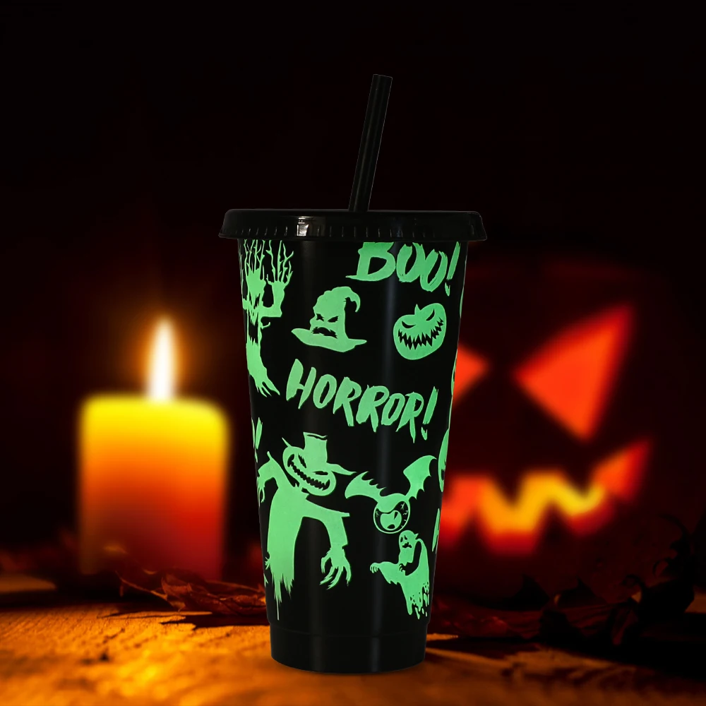 New Luminous custom cold coffee drink bottle party plastic tumbler glow in the dark cup with straw