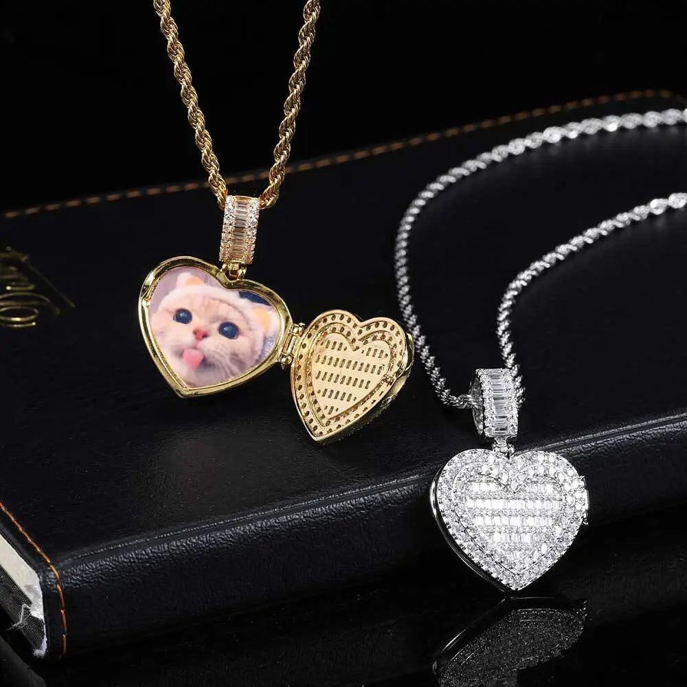EYIKA Personality Iced Out CZ Locket Custom Heart Family Memory Photo Frame Pendant