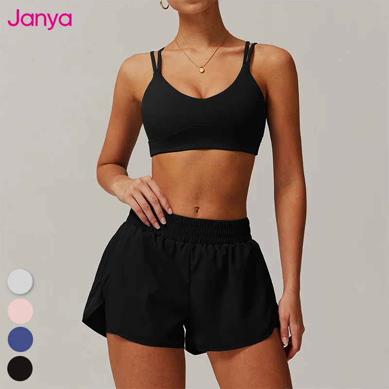 Janya Hot Sales Fitness Gym Sets Sexy Girls Removable Pads Sports Bra And Woven Pockets Double-layer Sport Shorts Yoga Set