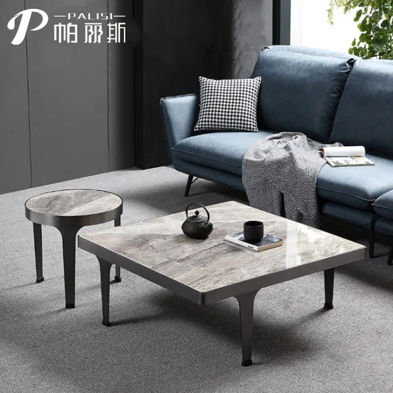 luxury modern home coffee table set furniture creative Italian square center table+round side table set lounge furniture