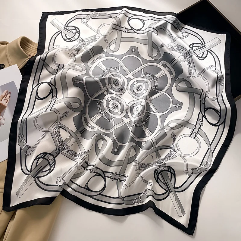 Fashion ladies luxury designer logo printed silk square scarf with chain pattern 70*70cm silk small handkerchief hair scarf