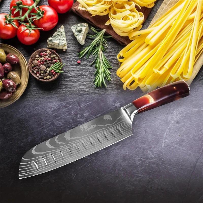 7 Inch Carbon Steel Kitchen 0 MOQ With drop shipping multifunctional cooking yangjiang super sharp red resin Santoku Gift Knife