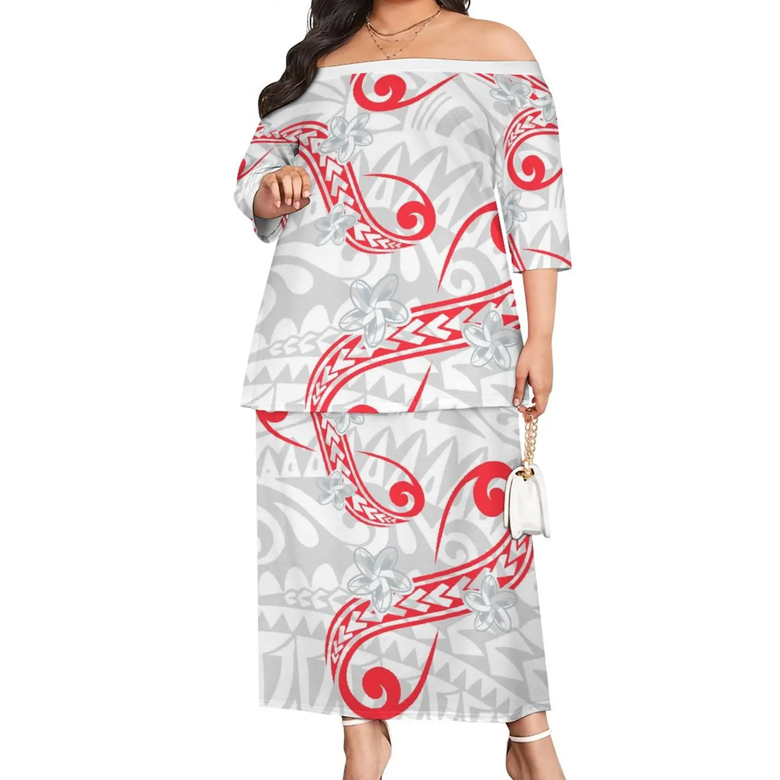 Red Samoa Puletasi Retro Style Women off Shoulder Tops Match Tribal Design Print   Dress Casual Plus Size Puletasi Set