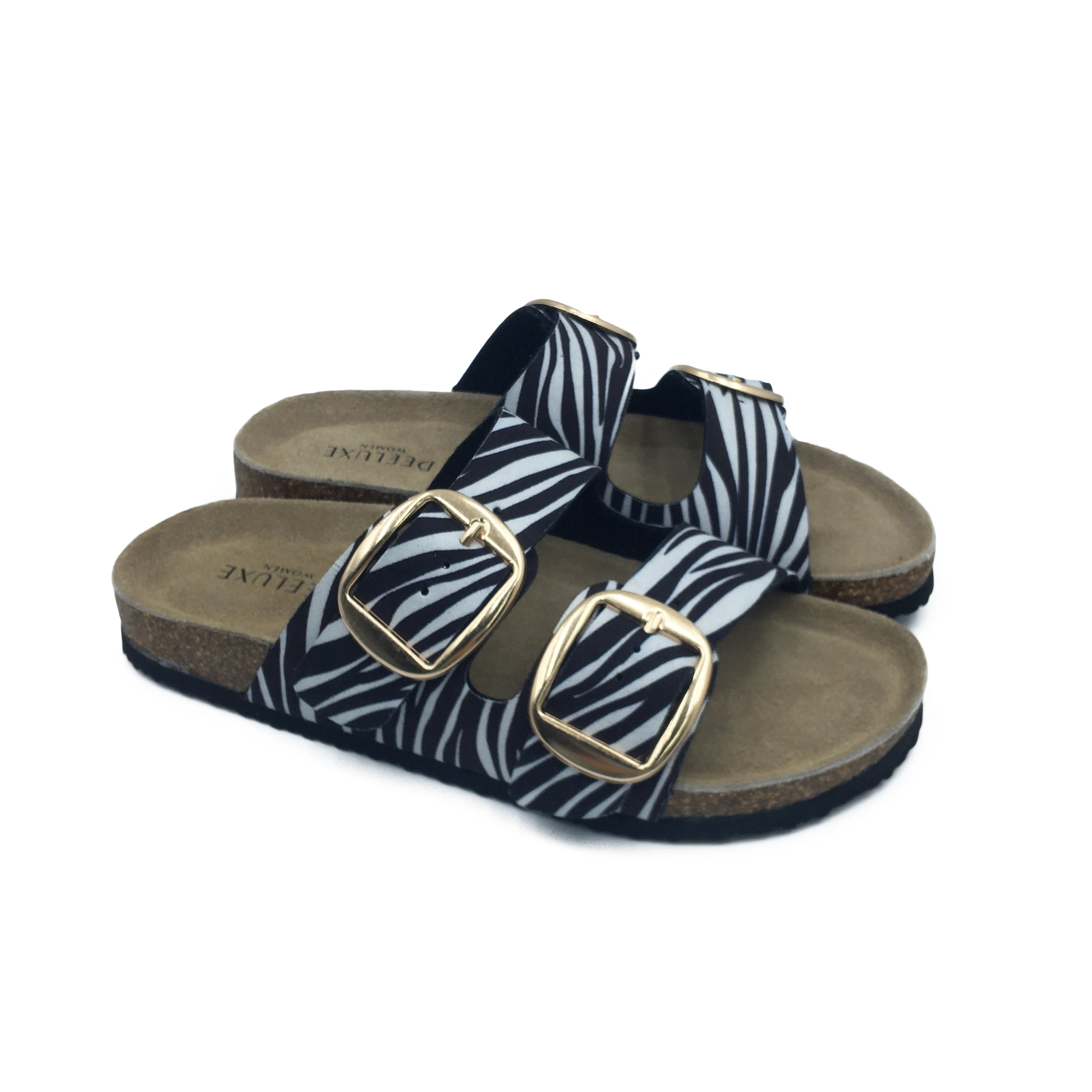 New Design Milk stripe Double Buckle Slides EVA summer Flats Shoes Sandals for Women cork slippers