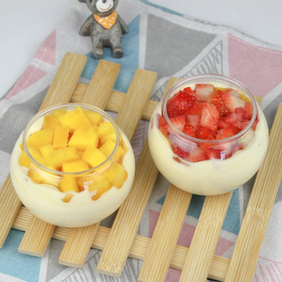 Round ball PET Dessert cups Transparent Disposable cups Custom design plastic pudding cup