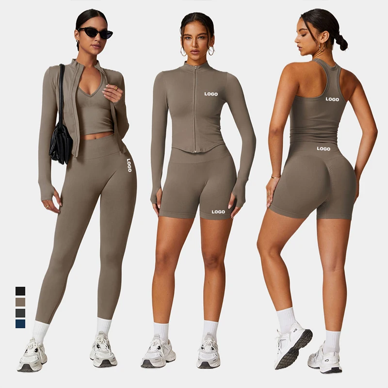 OEM ODM Women Seamless Slim Fit Yoga Set Sports Bra Tank Top Vest High Waist Leggings Biker Shorts Jacket Coat Fitness Gym Set
