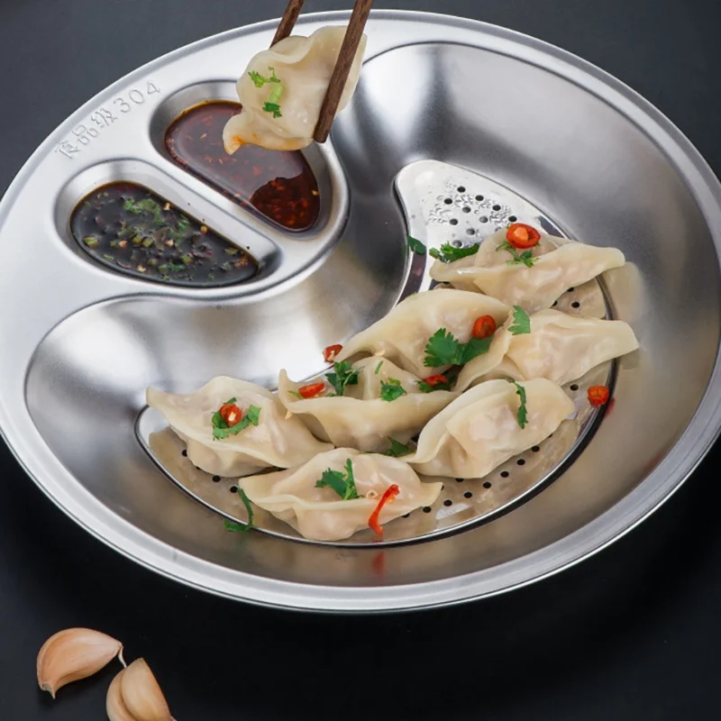 Dumpling Dish with Vinegar Dish Round Divided Dinner Tray 3 Sections Dinner Plates Stainless Steel Divided Plates