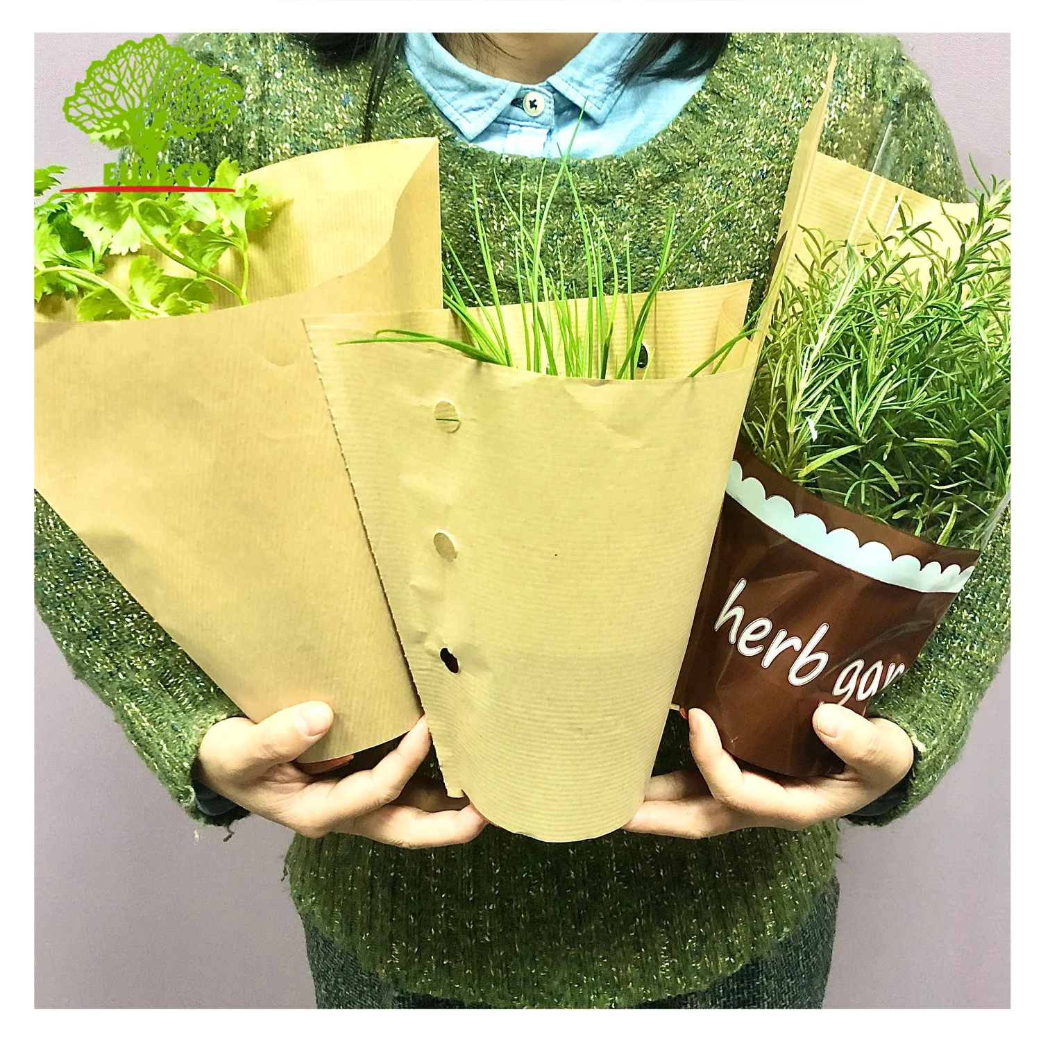 New Herb Garden FSC Eco Friendly Vegetable Perforated  Leather Kraft Paper Carry Bags for Fruits and Vegetables