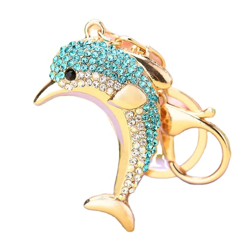 Hot Sale Customize Animal Dolphin Shiny Luxury Colorful Stone Metal Zinc Alloy Key chains