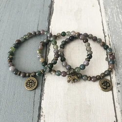 6MM India Agate Stone Beaded OM Lotus Elephant bracelet Mala Bracelets Yoga Reiki Bracelet