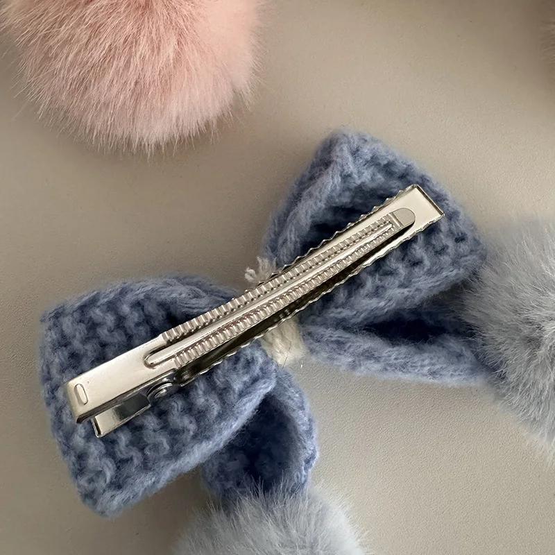 9cm Solid Color Crochet Hair Bow With Cute Pom Pom Decorated With Clips