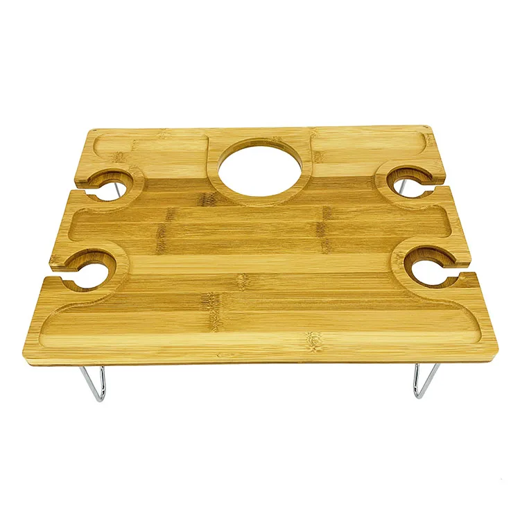 
Bamboo Collapsible Snack Table Bamboo Folding Picnic Table With a Wine Holder And four Wine Glass Holders 