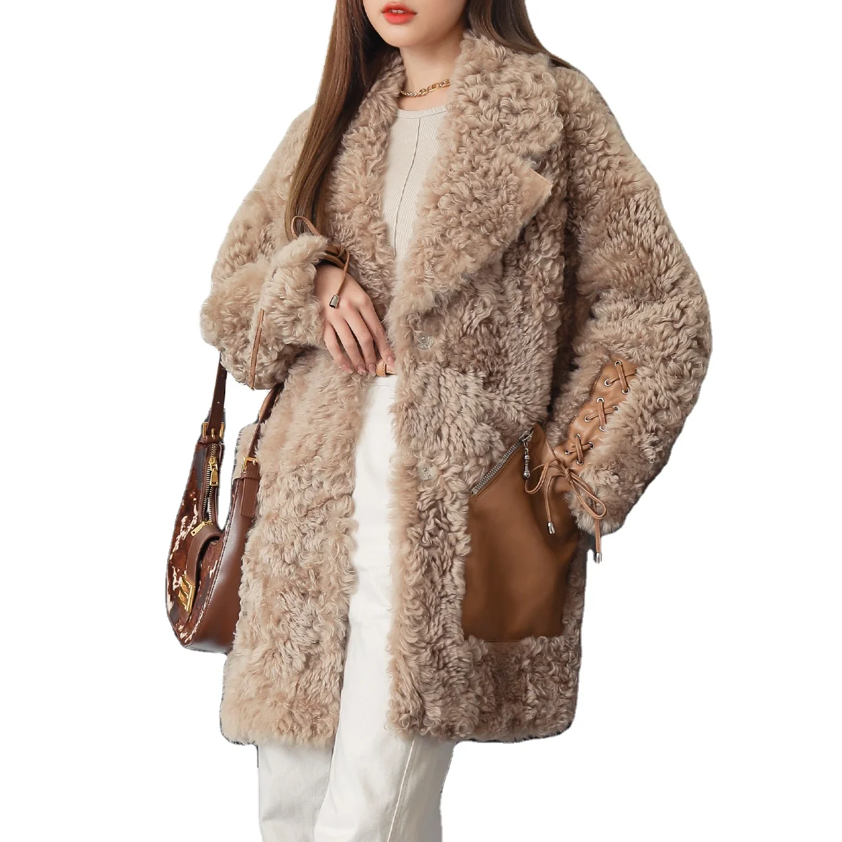 Women Solid Color Fur Clothes Turn Down Collar Plush Sheep Skin Fur Coat Supplier