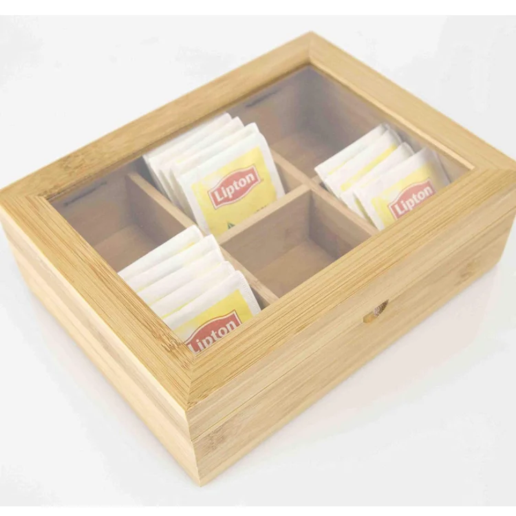 
High quality natural bamboo rectangle tea box storage showing 6 compartments in natural colors 