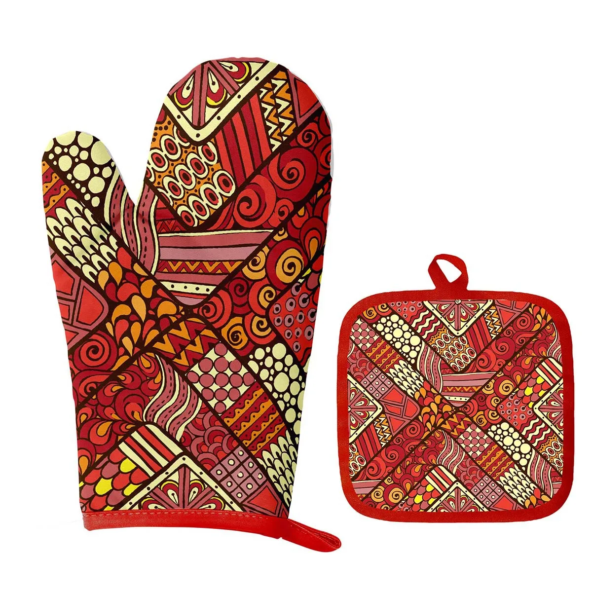 custom pattern superior quality  long cotton oven mitts and heat proof mat sets oven mittens