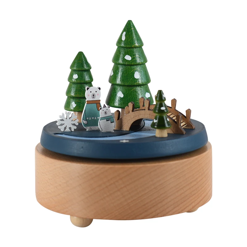 Highly Popular Rotating Clockwork Christmas Polar Bear Bridge River Wooden Music Box For Kids Christmas Gifts