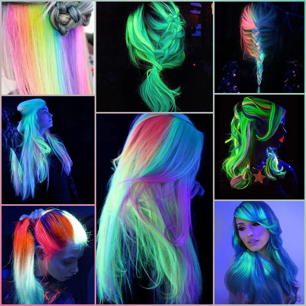 Highlight Glowing in Dark Hair Extensions Colorful Luminous Hair Straight Synthetic Hairpiece Clip in Braiding Hair