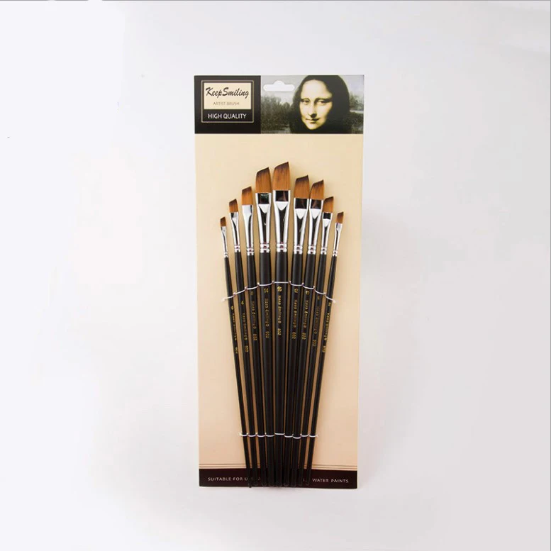 9pcs Long Rod Black Matt Nylon Wool Oblique Head for Watercolor Acrylic Oil Painting