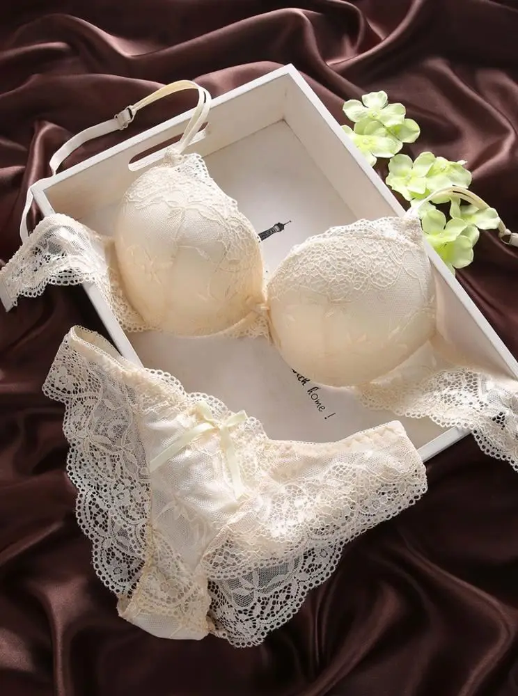Low Price Women Fashion 2 Piece Solid sexy Transparent Lace Underwire bras Push Up Underwear Panty Bra Brief Set