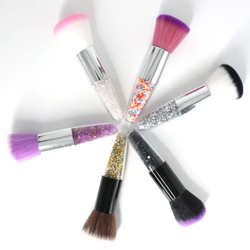 Private Label Mini Small Fat Dumpy Clear Purple Glitter Crystal Heart Shape Acrylic Handle Kabuki Foundation Powder Brush Makeup