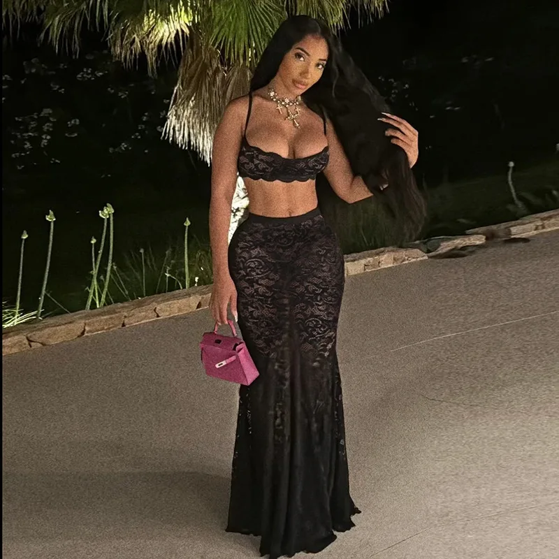 2024 Summer New Product Sexy Hollow Strap Top Solid Color High Waist Skirt Lace Set