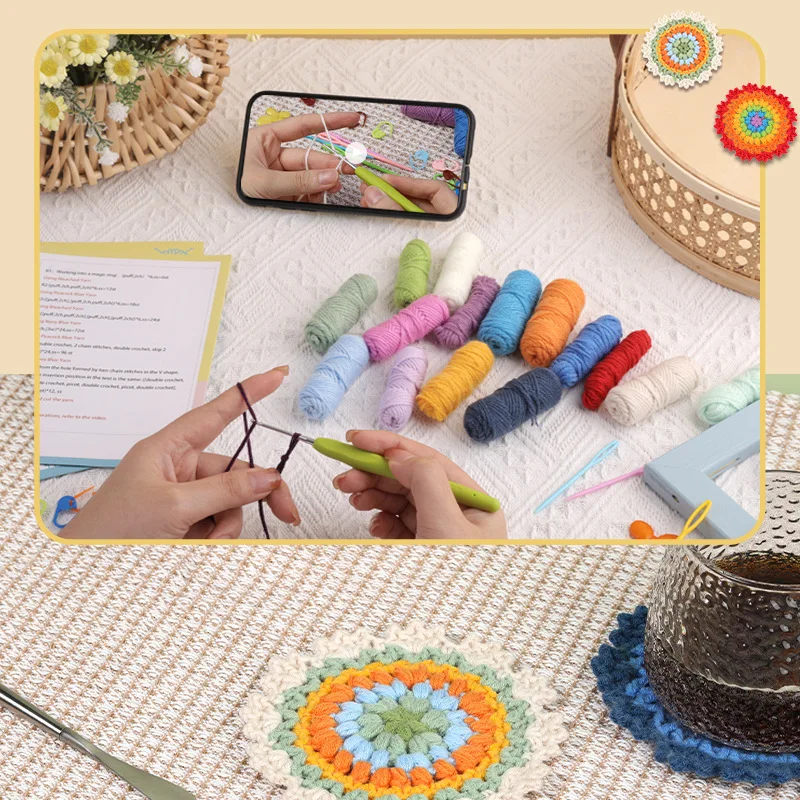 Crochet Kit for Beginners,Coasters Plant Pot Crochet Start Kit for Adults, Complete Knitting Crochet Supplies