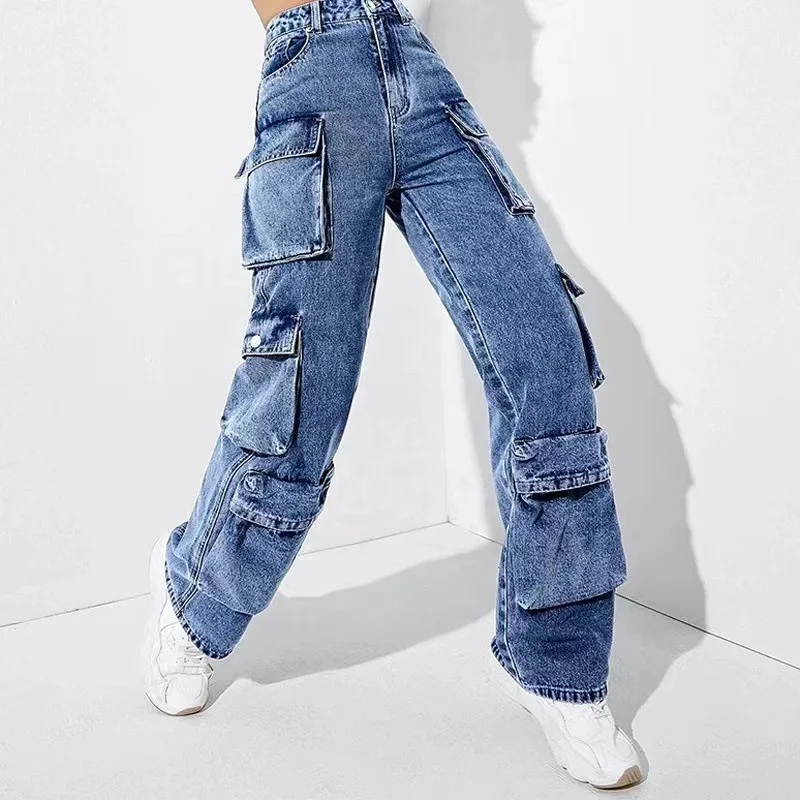 OEM Manufacturer Pocket High Waist Streetwear Baggy Denim Ladies Long Wide Cargo Pant For Women Jeans
