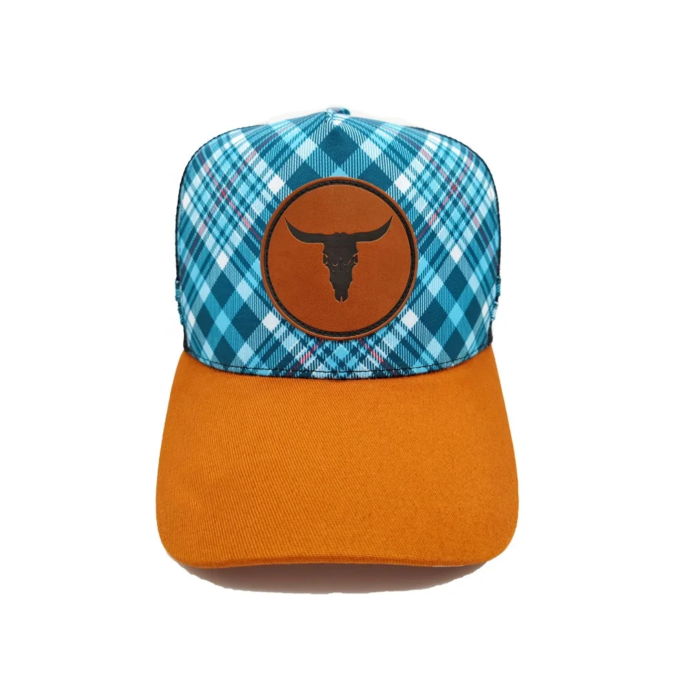 Popular various styles Custom made 5 Panel High Profile Trucker Hat With Leather Patch Logo Double Stripes trucker hats Caps