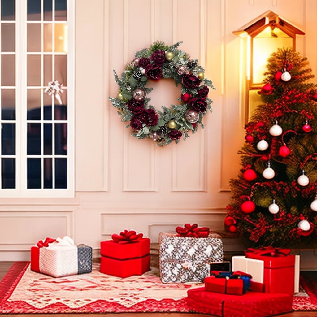 New Design High Quality peony ball pine cone garland flowers door/wall hanging christmas decoration supplies
