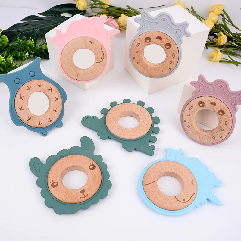 Baby Silicone Teethers BPA Free Silicone Rudder Teething Toys with Wooden Ring Soothe Babies Tooth