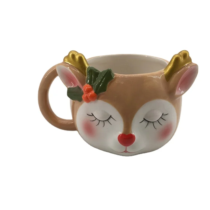 Direct factory Custom ceramic Chirstmas cute 3d  reindeer shaped Xmas elk coffee mugs cups for gifts
