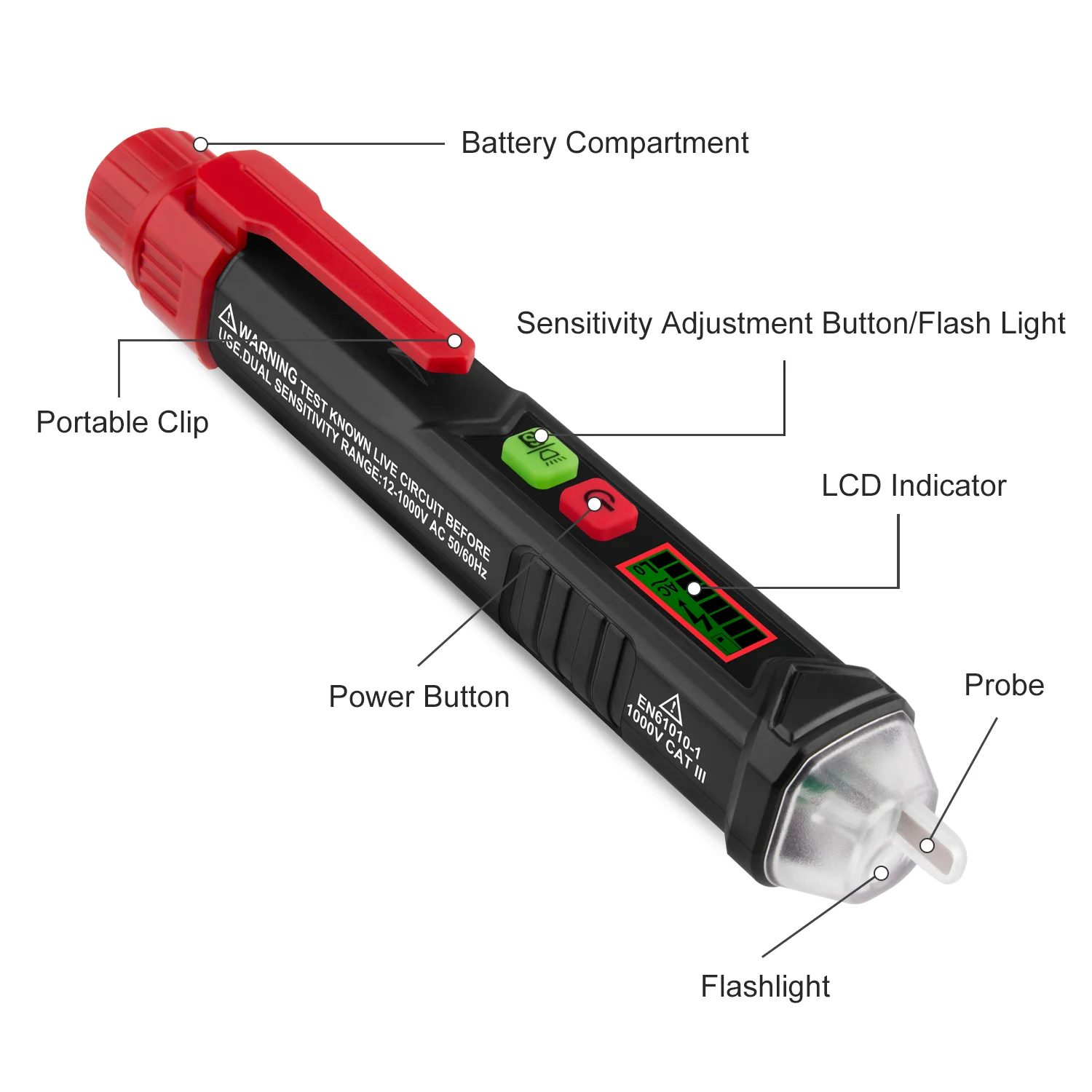 Automatic and dual range Non-Contact AC Voltage tester Pen 12~1000V Voltage detector with LED flashlight