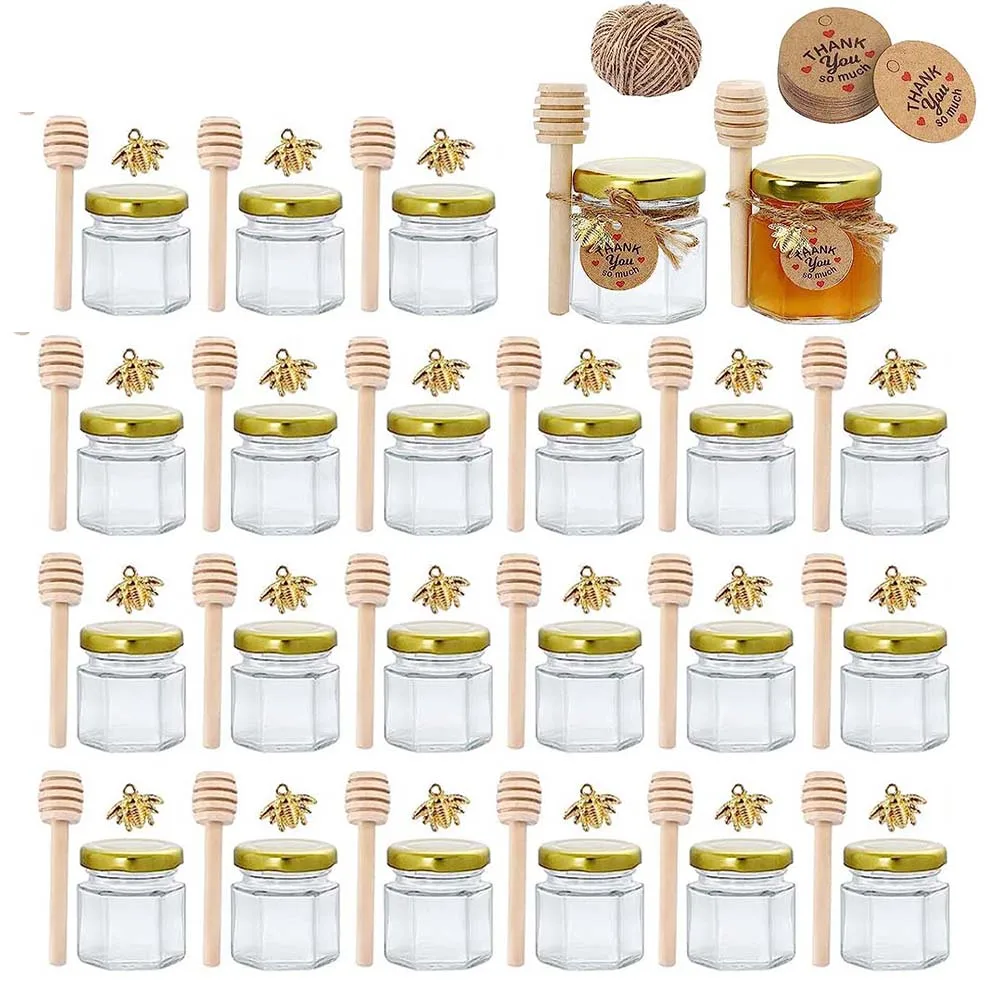 Hexagonal Mini Glass Jar For Honey With Wooden Dipper And Golden Metal Lids