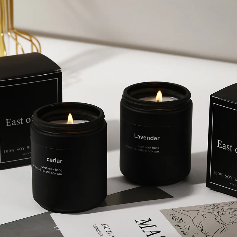 Candle Supplier Matte Luxury Design Soy Wax Essential oil Glass Jar Candles With Lids Black Frosted Glass Scented Candle
