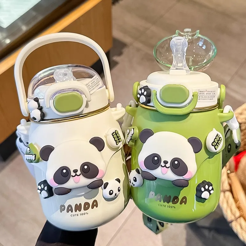 Md273 School Drinking Pot New Panda Straw Vacuum Adjustable Strap Belly Insulation Cup For Kids
