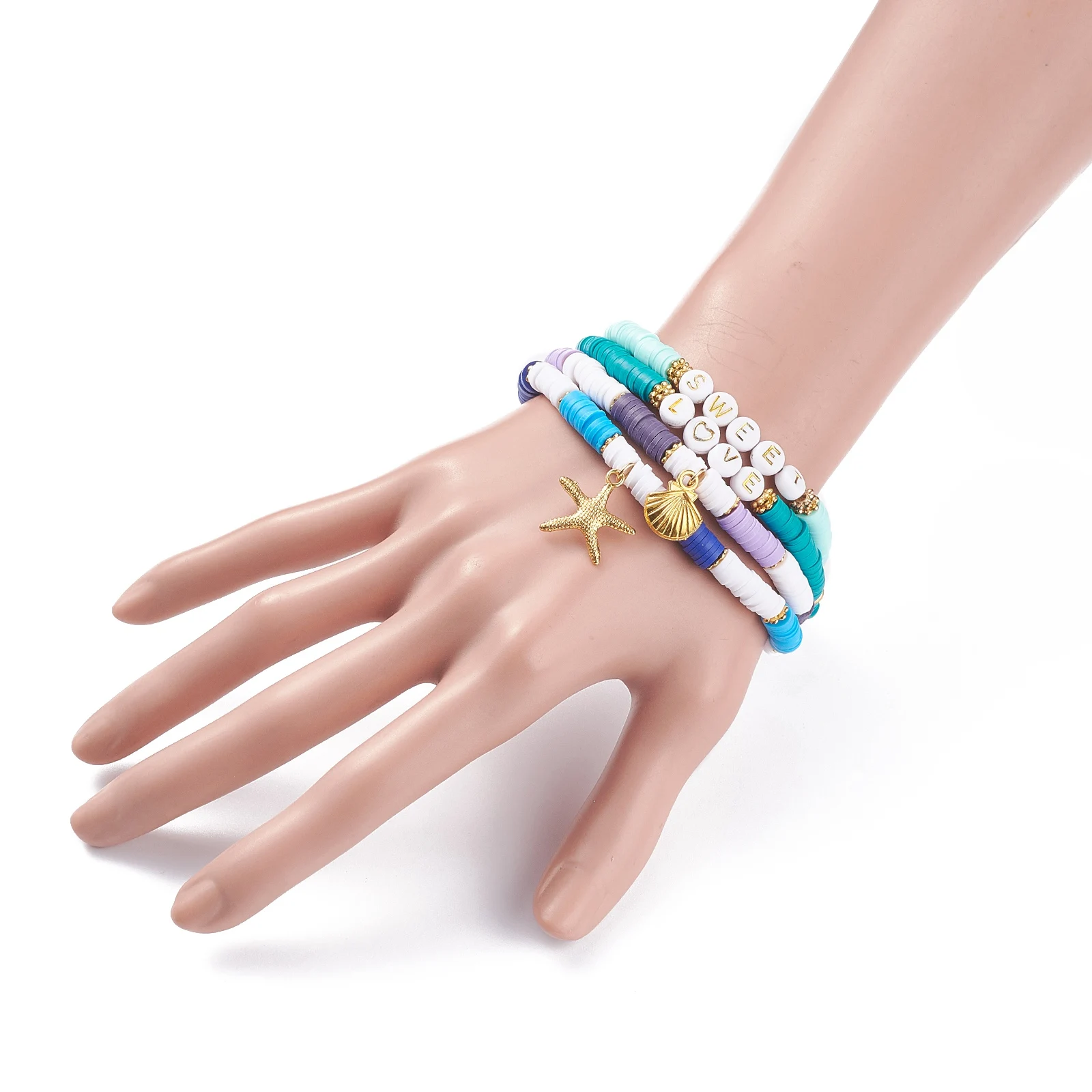 PandaHall 4 Pcs 4 Style Alloy Shell Starfish Charm Word Sweet Love Preppy Bracelet