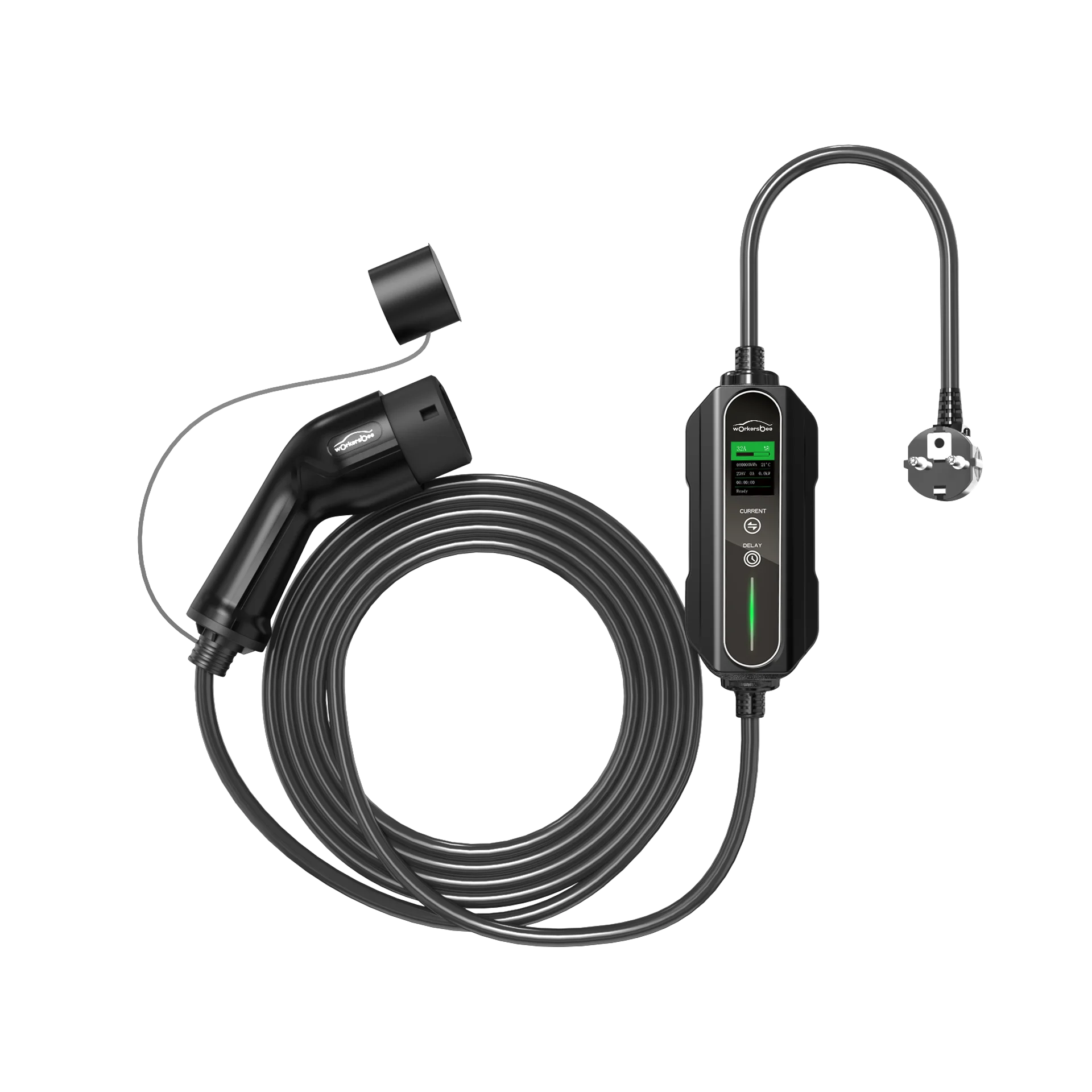 22kW Portable EV Charger Mode 2 32A Three Phase Workersbee CEE Schuko Plug RCD Type B IP67 Model 3/Y/S/X ID4