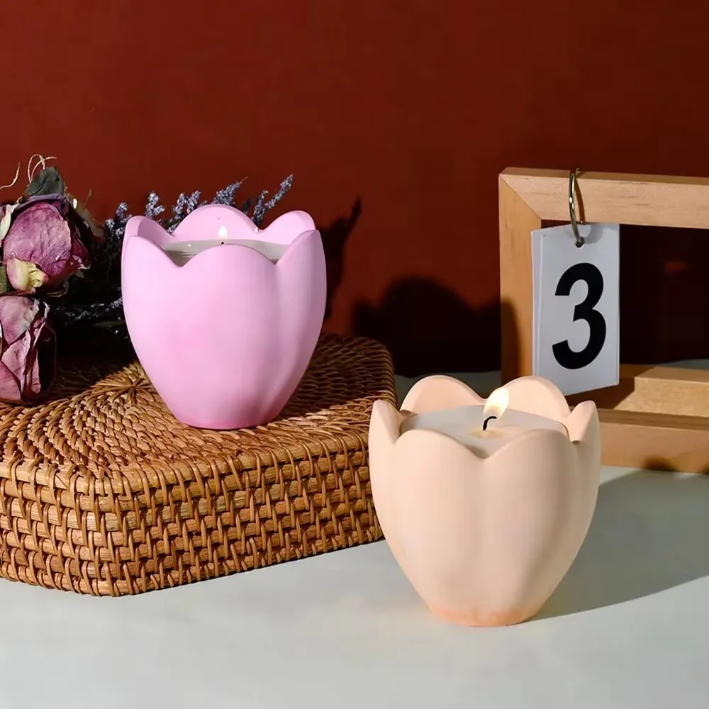 Tulip Candle Holder Mold Flower Home Decor Scented Candles Making Wholesale 3D Resin Soap Gypsum Mold for Candles Molde De Vela