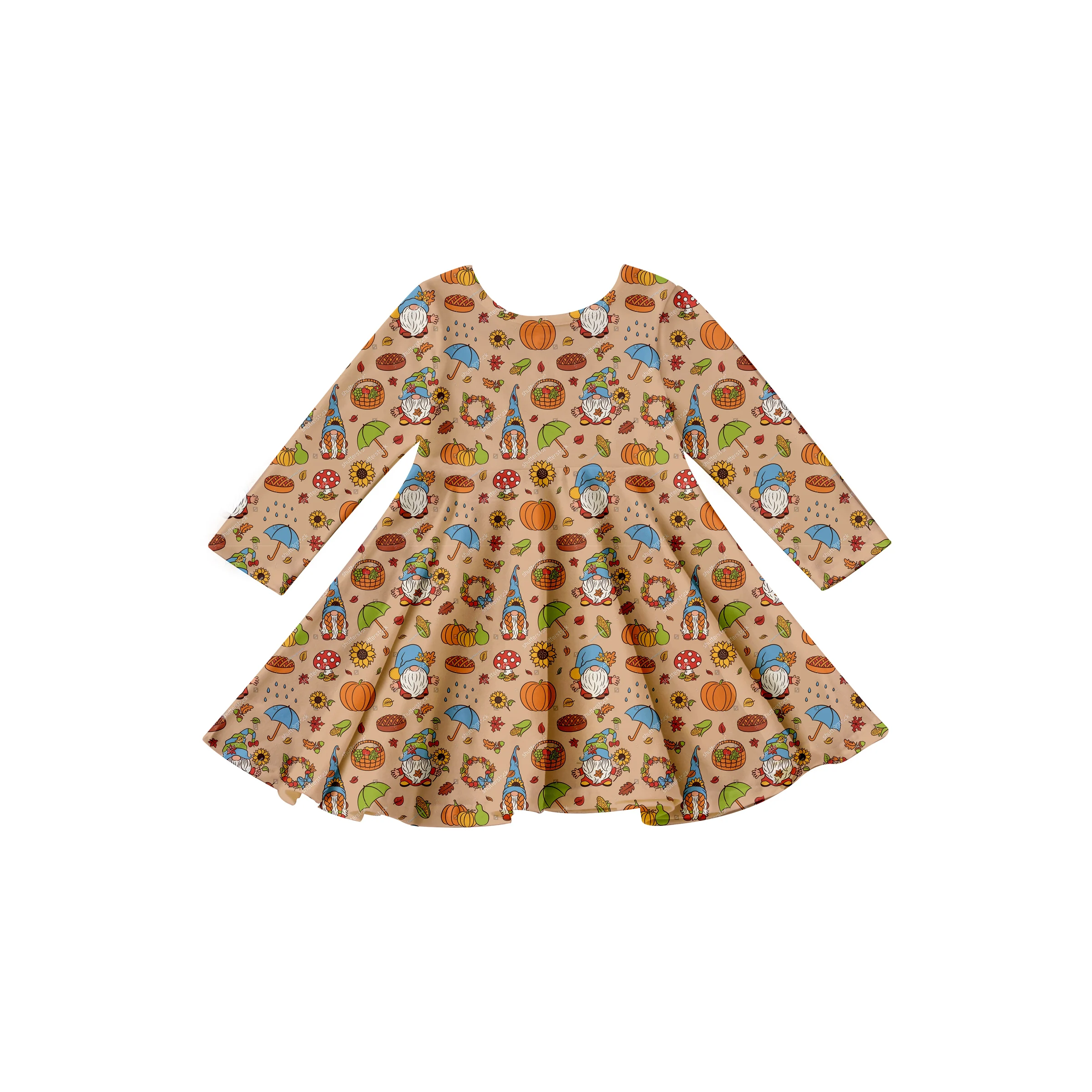 Girlymax 2022 Fall Thanksgiving Turkey pumpkin long Sleeve Knee length Baby Girls Dresses